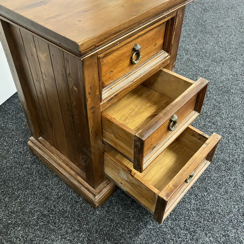 Solid Wood 3 Drawer Bedside, Wrought Ring Handles. H72 W52 D44cm Image 1++