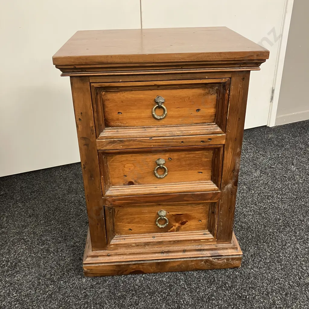 Solid Wood 3 Drawer Bedside, Wrought Ring Handles. H72 W52 D44cm Image 1++