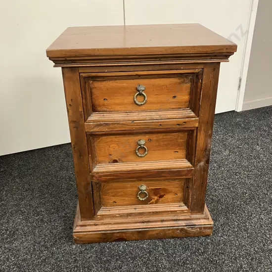 Solid Wood 3 Drawer Bedside, Wrought Ring Handles. H72 W52 D44cm