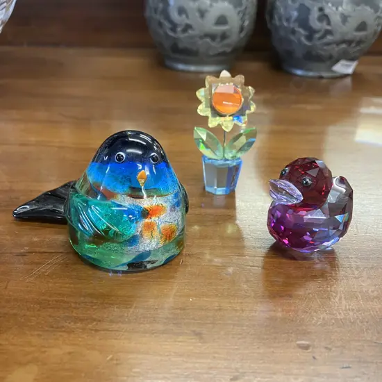 Swarovski Happy Duck 'Lovable Lila' Fuchsia Rain (Retired) & Limited Edition Sunflower (Repaired)