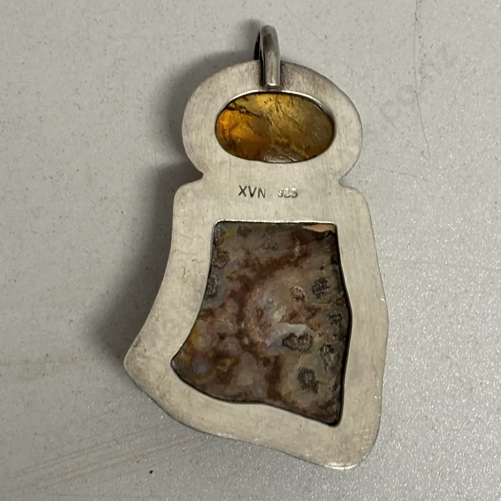 Large Sterling Silver Double Pendant with Amber Gemstones Image 1++