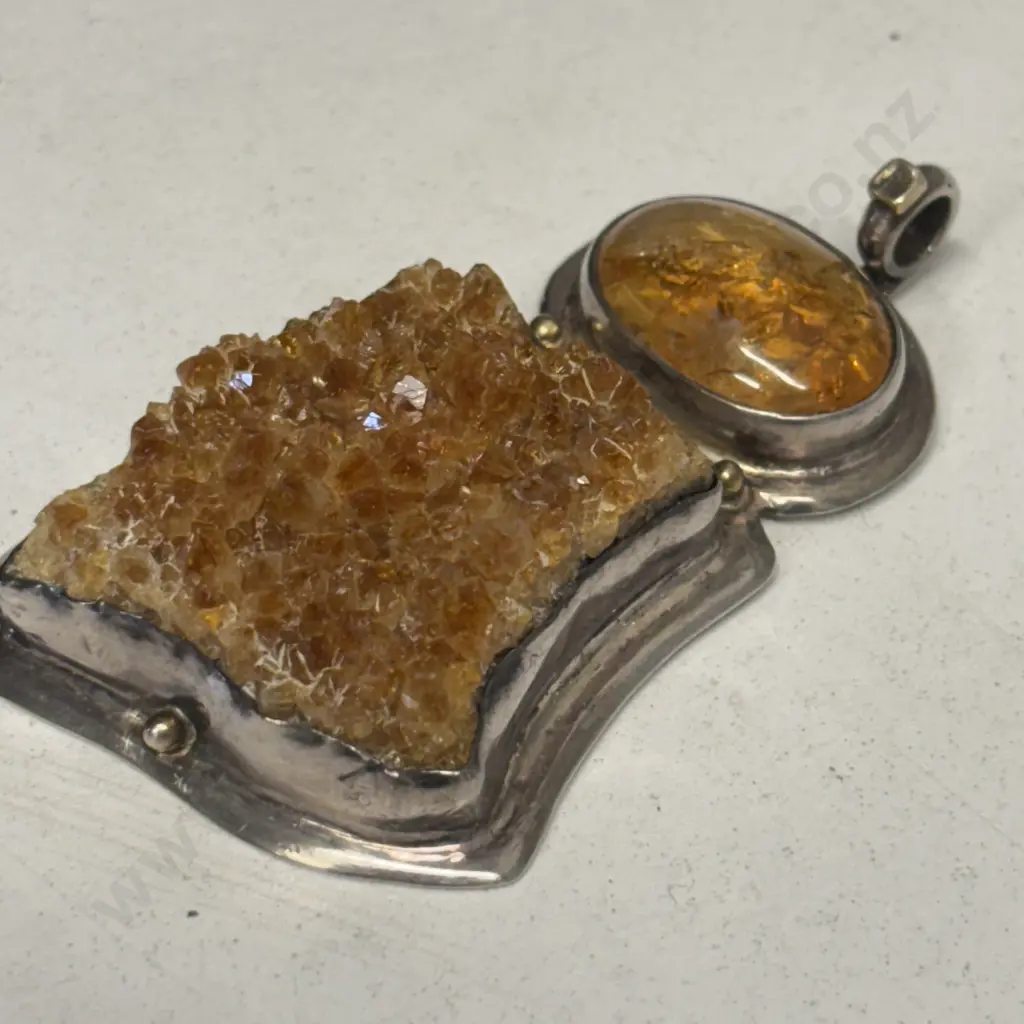 Large Sterling Silver Double Pendant with Amber Gemstones Image 1++
