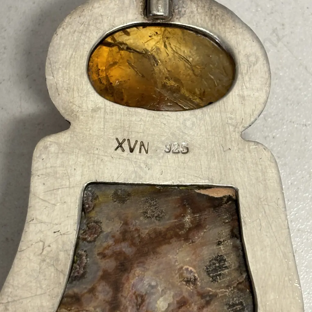 Large Sterling Silver Double Pendant with Amber Gemstones Image 1++