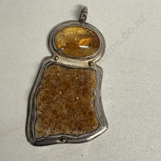 Large Sterling Silver Double Pendant with Amber Gemstones