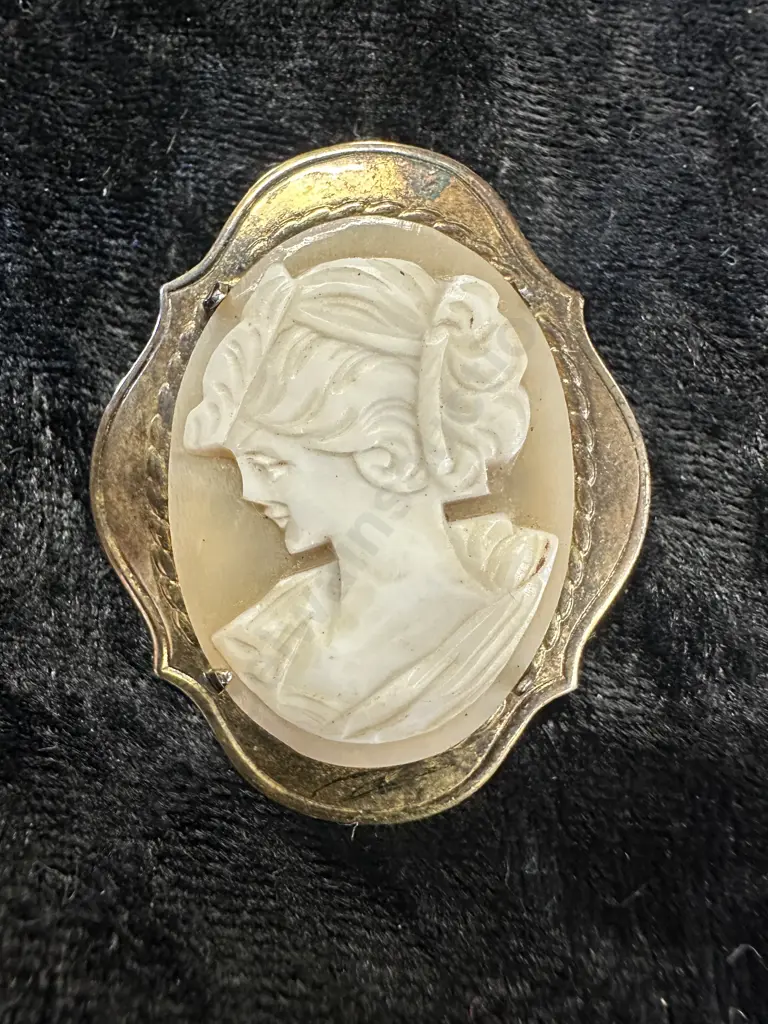 Vintage Gold Cameo Brooch, Stamped Image 1++