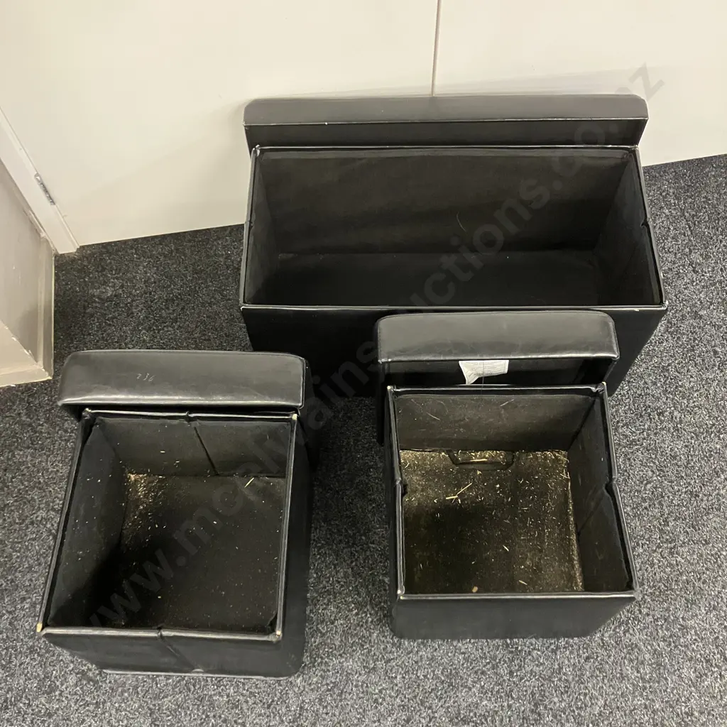 Set of 3 Black Leather Effect Storage Ottomans Image 1++
