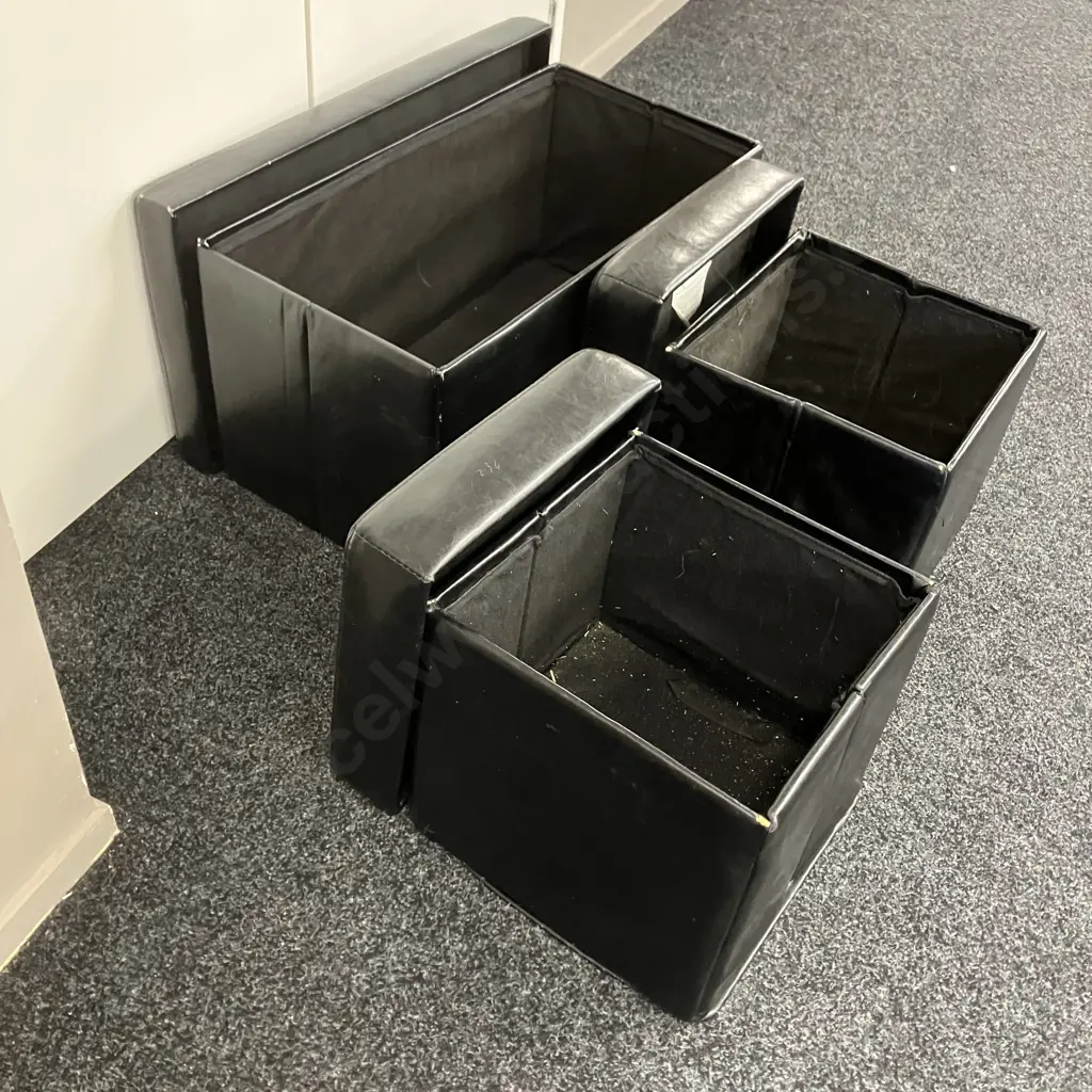 Set of 3 Black Leather Effect Storage Ottomans Image 1++