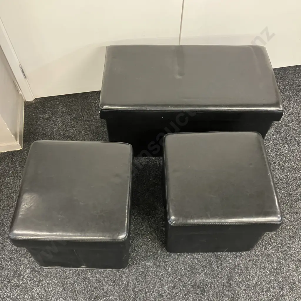Set of 3 Black Leather Effect Storage Ottomans Image 1++
