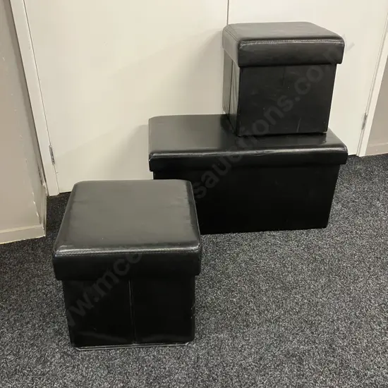 Set of 3 Black Leather Effect Storage Ottomans