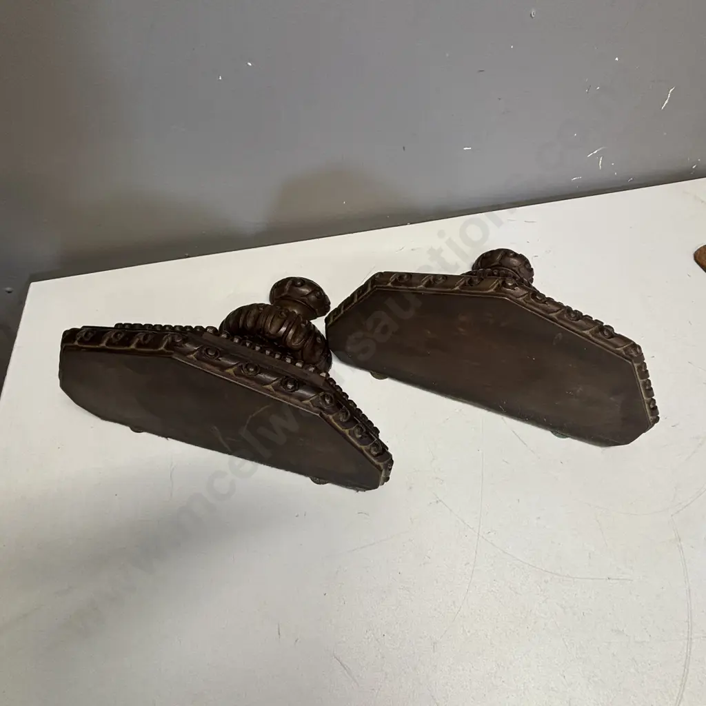 Pair Antique Solid Wood carved wall hung shelves H20cm W26 D13cm Image 1++