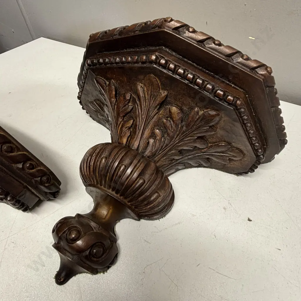 Pair Antique Solid Wood carved wall hung shelves H20cm W26 D13cm Image 1++
