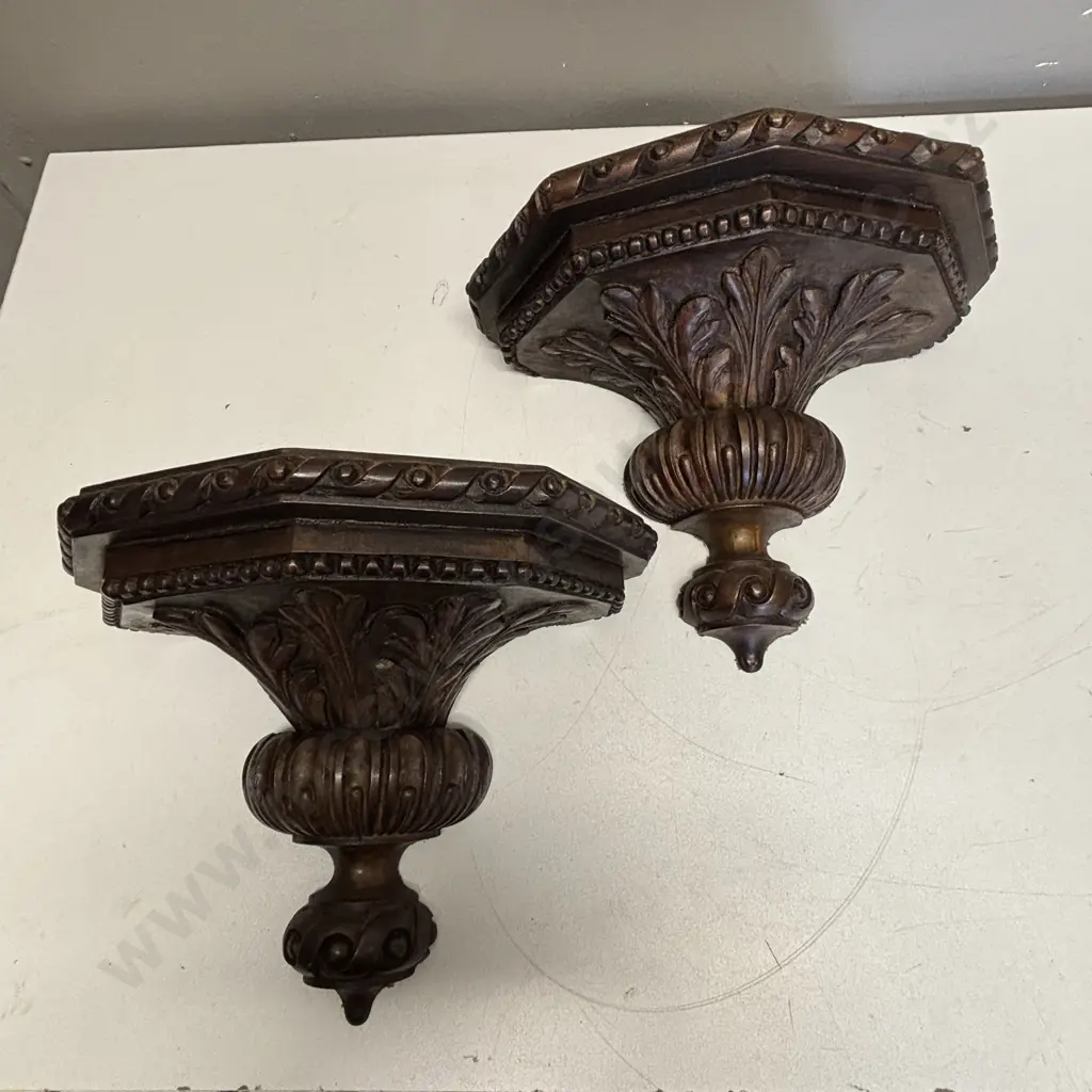 Pair Antique Solid Wood carved wall hung shelves H20cm W26 D13cm Image 1++