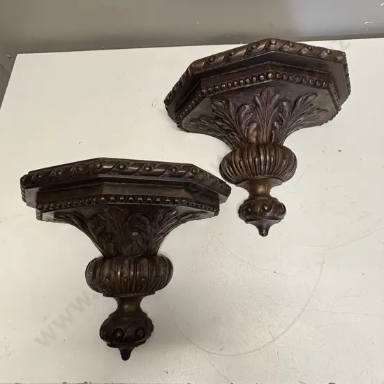 Pair Antique Solid Wood carved wall hung shelves H20cm W26 D13cm