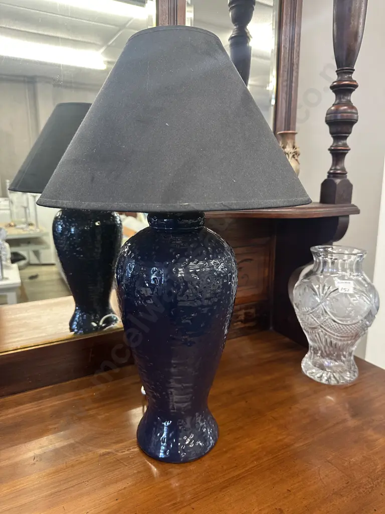 Cafe Lighting Blue Textured Table Lamp With Black Shade H55.5cm. Image 1++