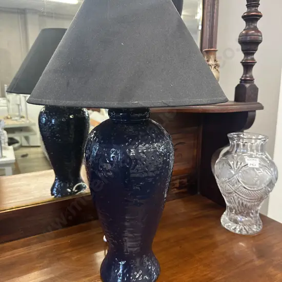 Cafe Lighting Blue Textured Table Lamp With Black Shade H55.5cm.