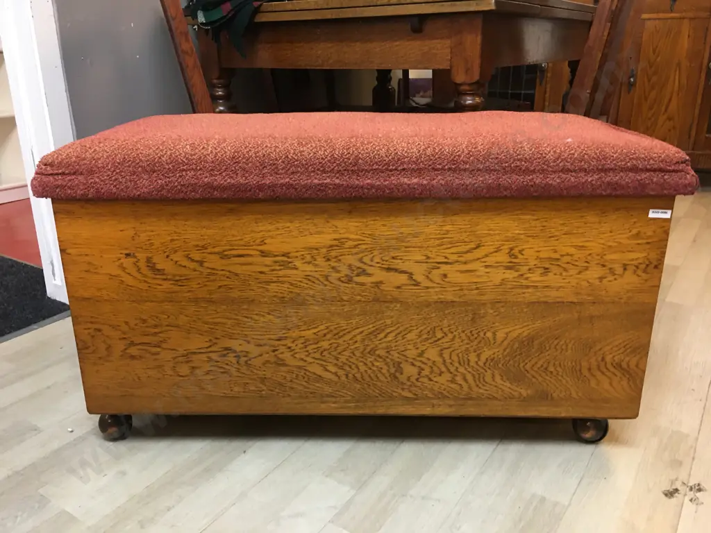 Oak Art Deco Blanket Box With Padded & Upholstered Hinged Top, Metal Castors. H51 W94 D48cm Image 1++