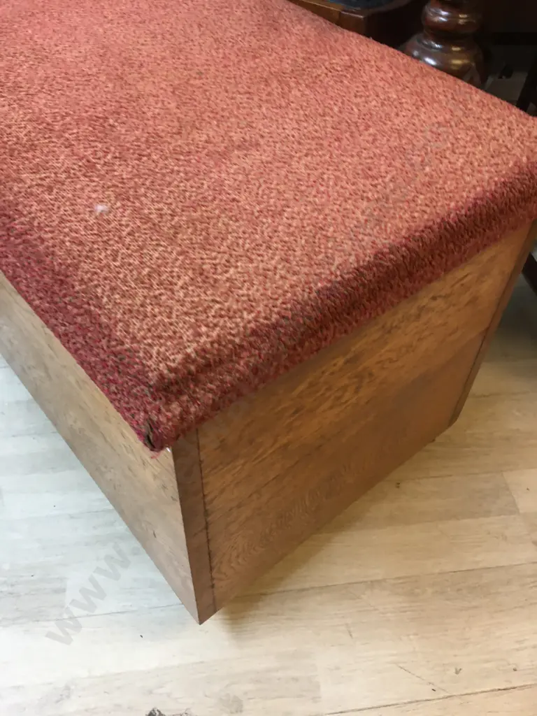 Oak Art Deco Blanket Box With Padded & Upholstered Hinged Top, Metal Castors. H51 W94 D48cm Image 1++