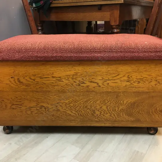 Oak Art Deco Blanket Box With Padded & Upholstered Hinged Top, Metal Castors. H51 W94 D48cm