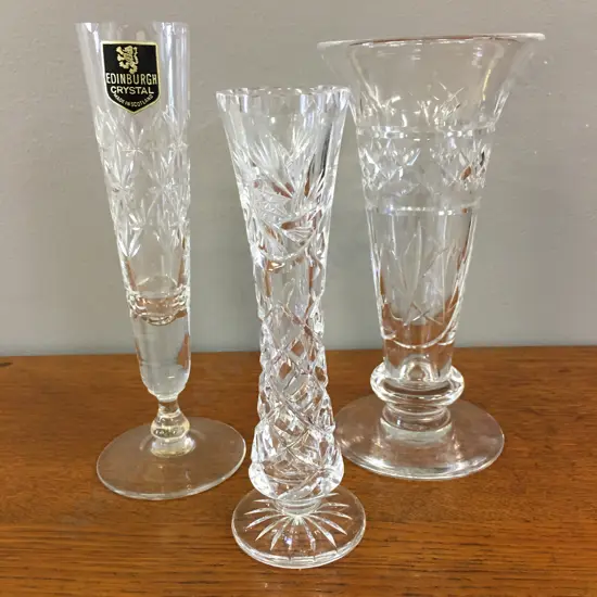 Selection of Vintage Crystal Bud Vases Including Edinburgh Crystal Etc