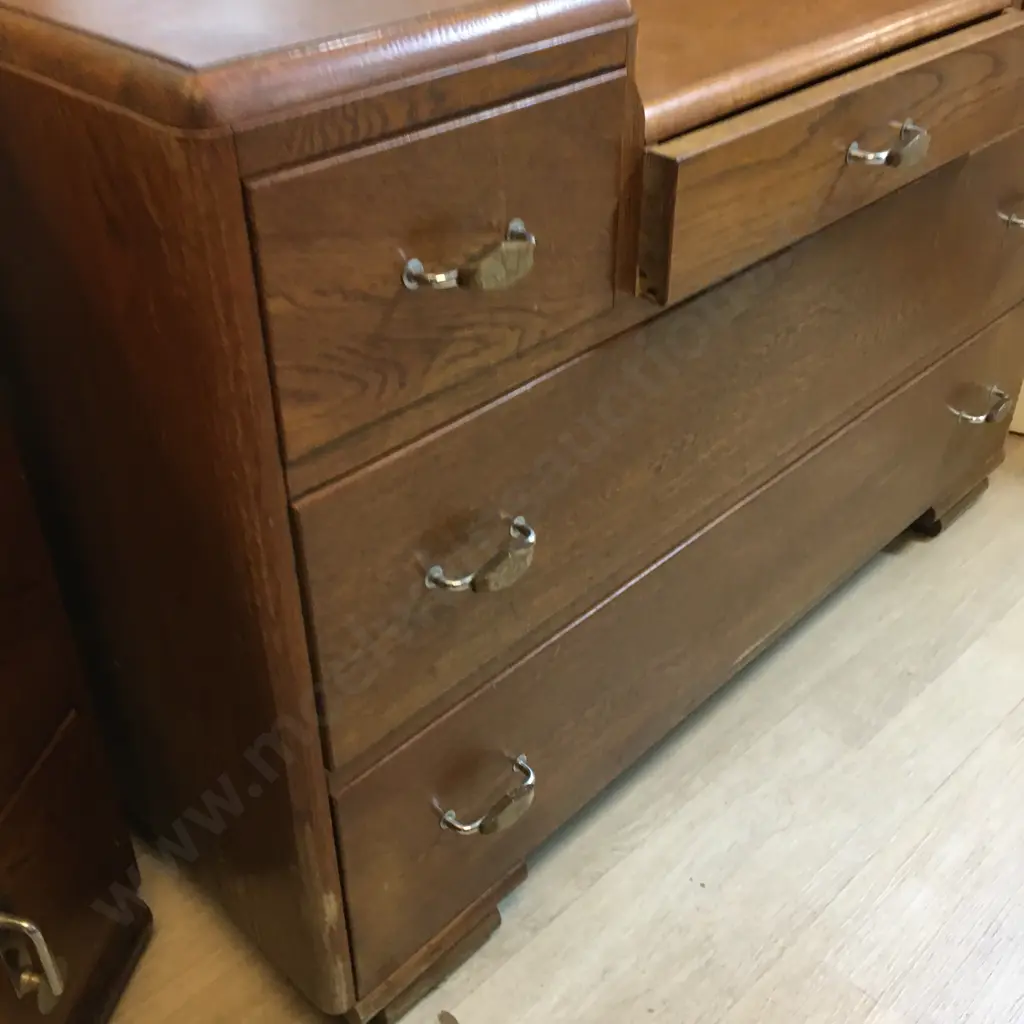 Oak Art Deco Mirrored Dressing Table, Original Handles, 5 Drawer. H155 W101 D47 Image 1++