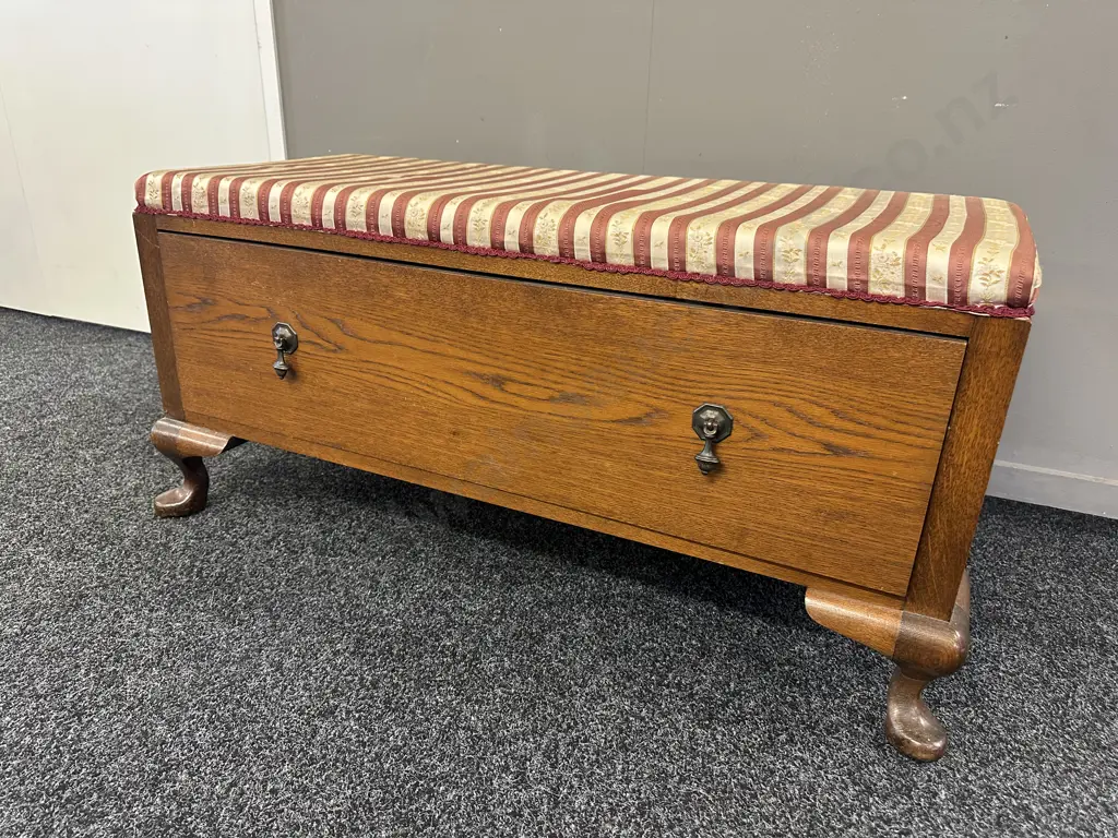 Vintage Oak Burgundy & Cream Upholstered Single Drawer Bedroom Seat, Cab Legs. H50 W105 D45cm Image 1++