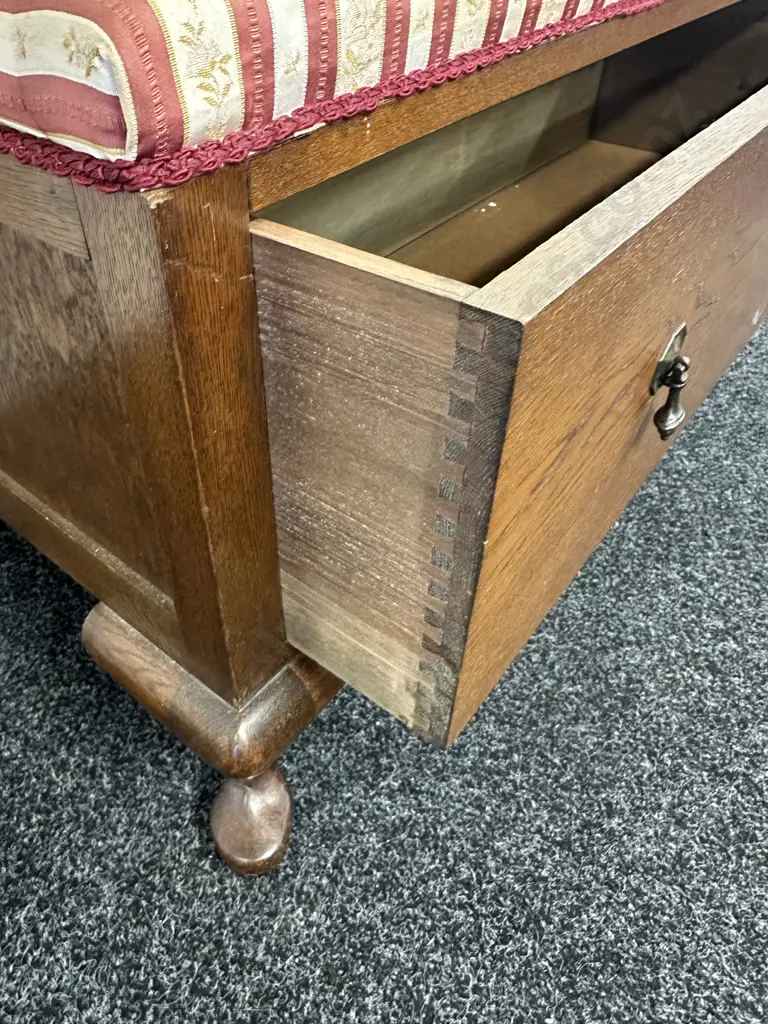 Vintage Oak Burgundy & Cream Upholstered Single Drawer Bedroom Seat, Cab Legs. H50 W105 D45cm Image 1++