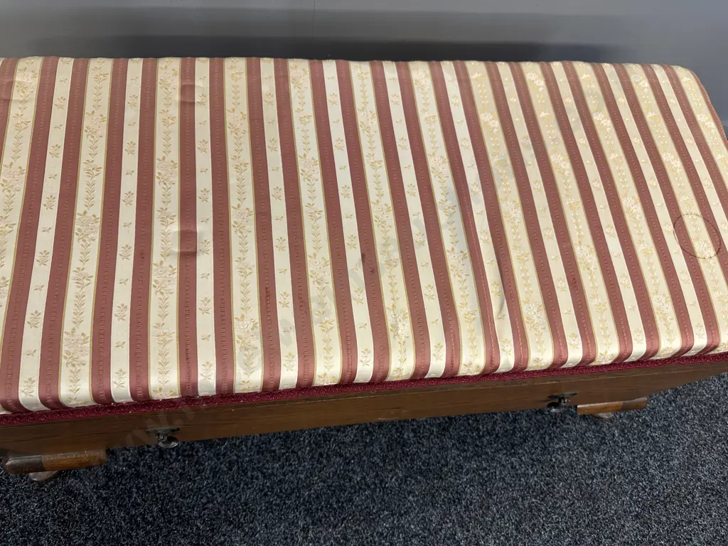 Vintage Oak Burgundy & Cream Upholstered Single Drawer Bedroom Seat, Cab Legs. H50 W105 D45cm Image 1++
