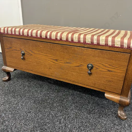 Vintage Oak Burgundy & Cream Upholstered Single Drawer Bedroom Seat, Cab Legs. H50 W105 D45cm