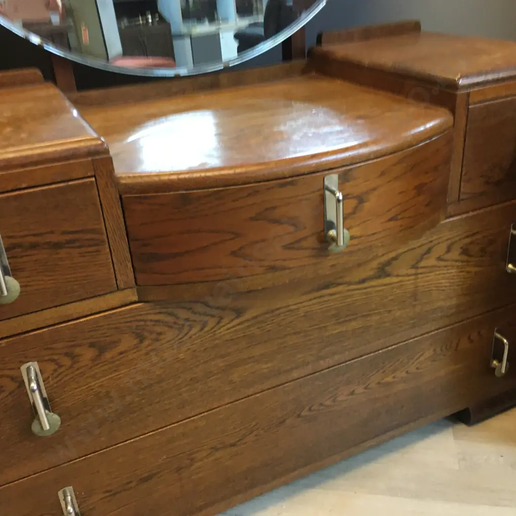 Oak Art Deco Mirrored 4 Drawer Dressing Table & Manrobe With Key, Original Handles, H157 W106 D50cm, H128 W90 D47cm Image 1++