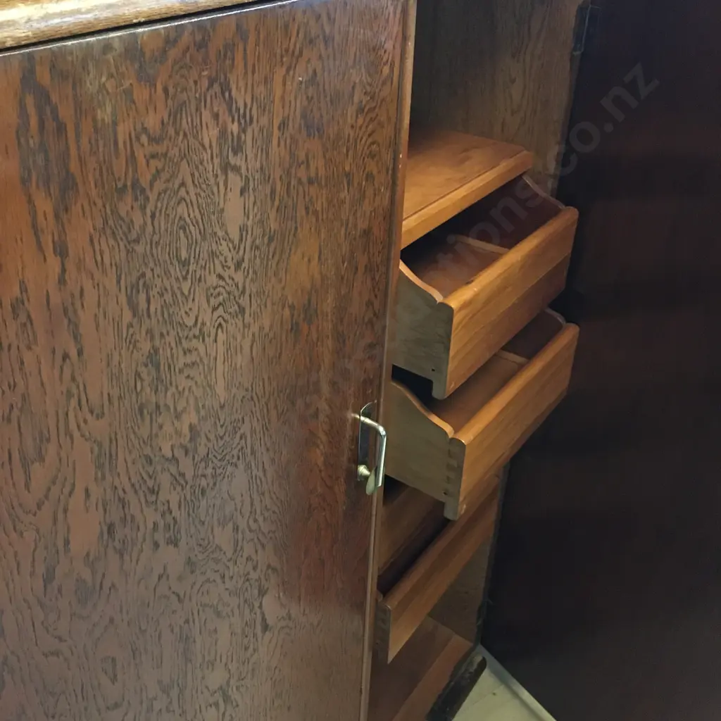 Oak Art Deco Mirrored 4 Drawer Dressing Table & Manrobe With Key, Original Handles, H157 W106 D50cm, H128 W90 D47cm Image 1++