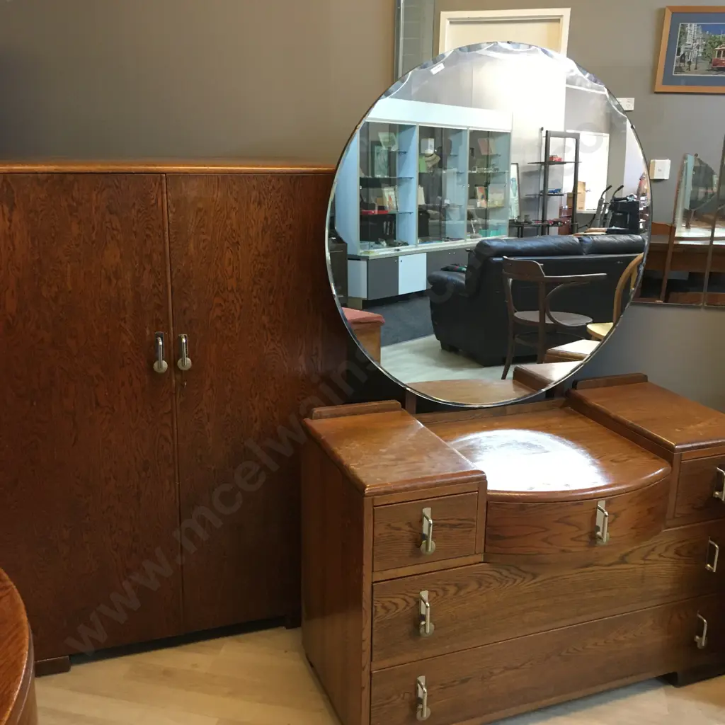 Oak Art Deco Mirrored 4 Drawer Dressing Table & Manrobe With Key, Original Handles, H157 W106 D50cm, H128 W90 D47cm Image 1++