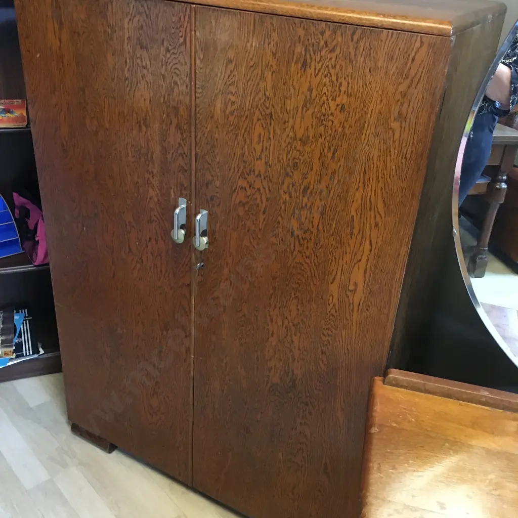 Oak Art Deco Mirrored 4 Drawer Dressing Table & Manrobe With Key, Original Handles, H157 W106 D50cm, H128 W90 D47cm Image 1++