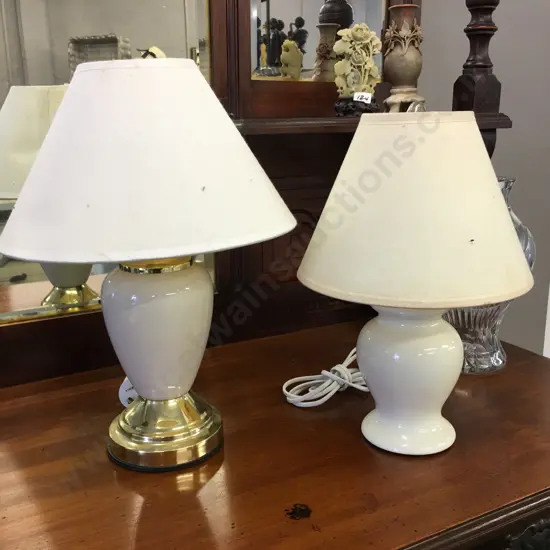 Vintage Table Lamps Cream Bases With Cream Shades H34cm & H38cm.