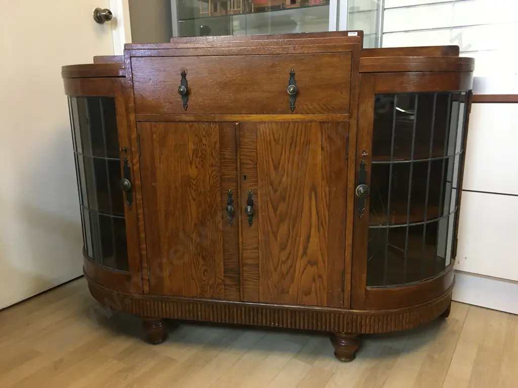 Art Deco Oak & Leadlight Sideboard With Keys, Original Handles, Curved Leadlight Corner Doors. H104 W138 D48cm Image 1++