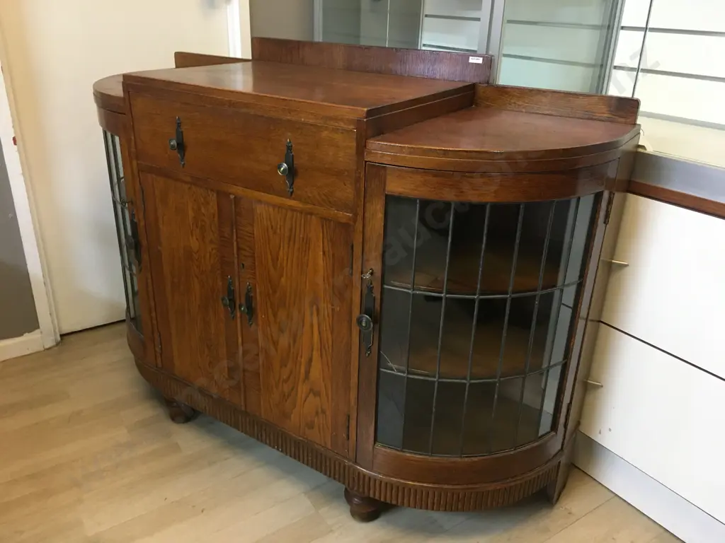 Art Deco Oak & Leadlight Sideboard With Keys, Original Handles, Curved Leadlight Corner Doors. H104 W138 D48cm Image 1++