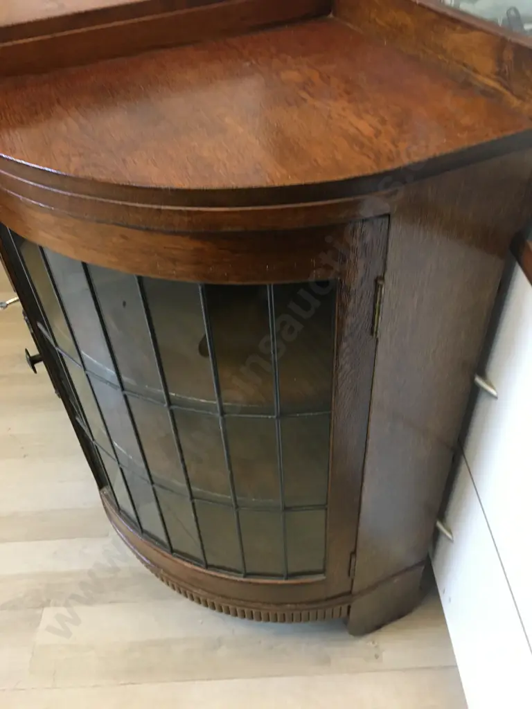 Art Deco Oak & Leadlight Sideboard With Keys, Original Handles, Curved Leadlight Corner Doors. H104 W138 D48cm Image 1++