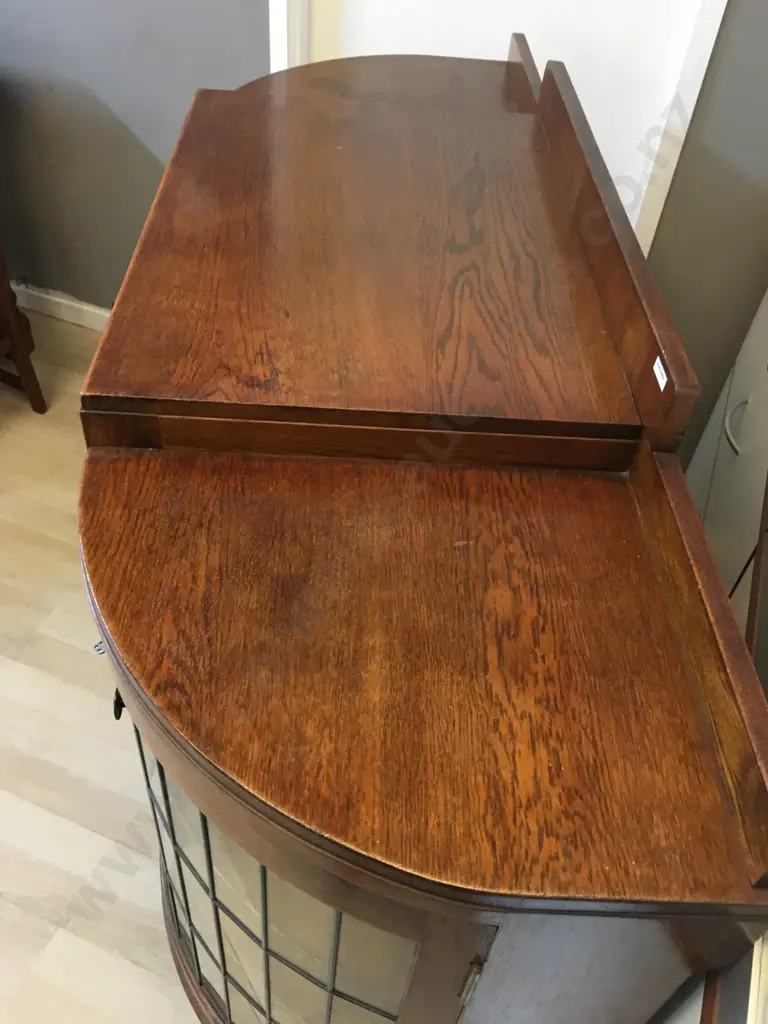 Art Deco Oak & Leadlight Sideboard With Keys, Original Handles, Curved Leadlight Corner Doors. H104 W138 D48cm Image 1++
