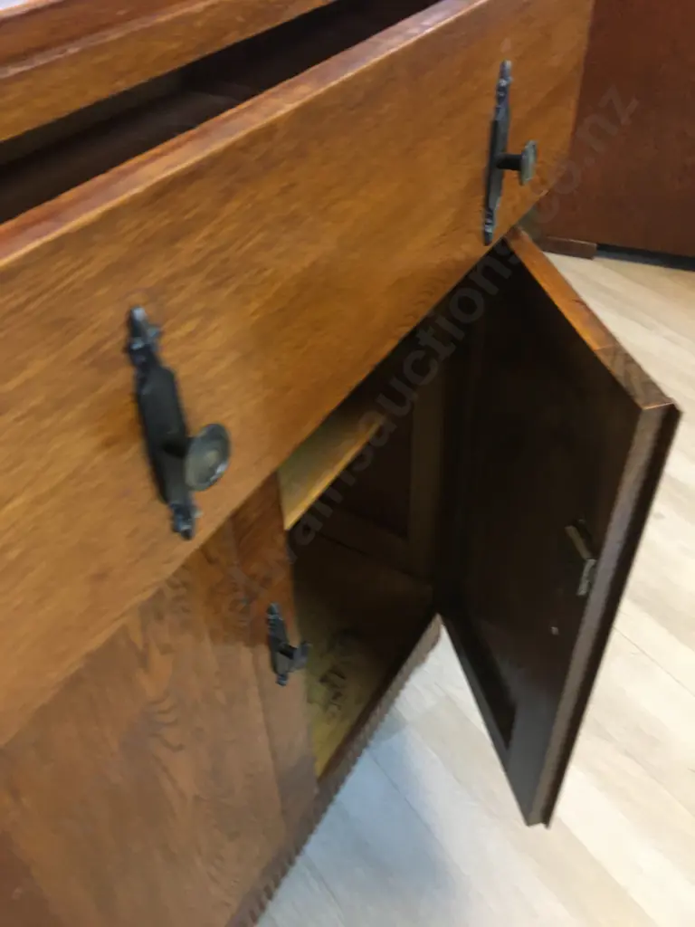 Art Deco Oak & Leadlight Sideboard With Keys, Original Handles, Curved Leadlight Corner Doors. H104 W138 D48cm Image 1++
