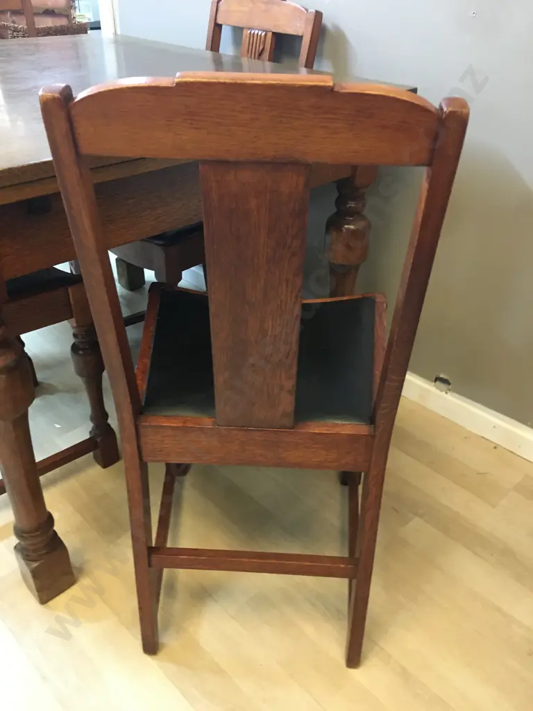 Oak Art Deco Drawleaf Extension Table (H76 D91 W107 - 165 cm) With Four Arts & Craft Oak & Black Leather Side Chairs Image 1++