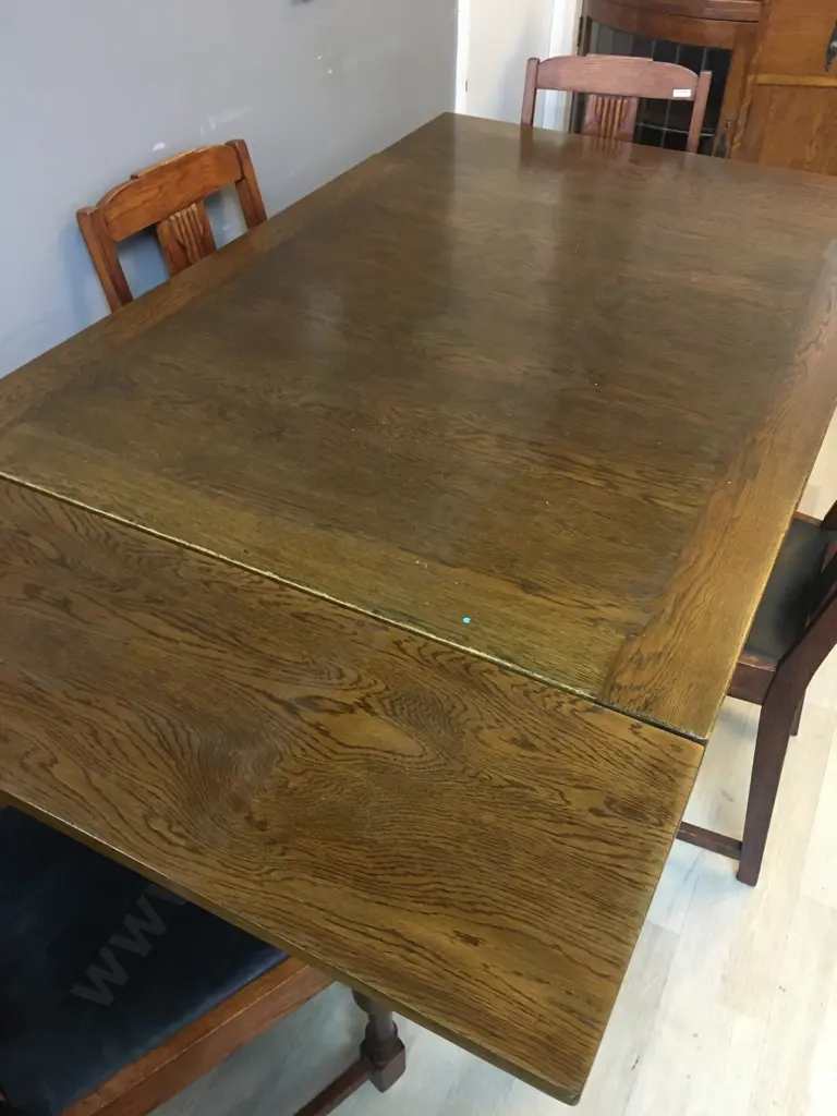Oak Art Deco Drawleaf Extension Table (H76 D91 W107 - 165 cm) With Four Arts & Craft Oak & Black Leather Side Chairs Image 1++