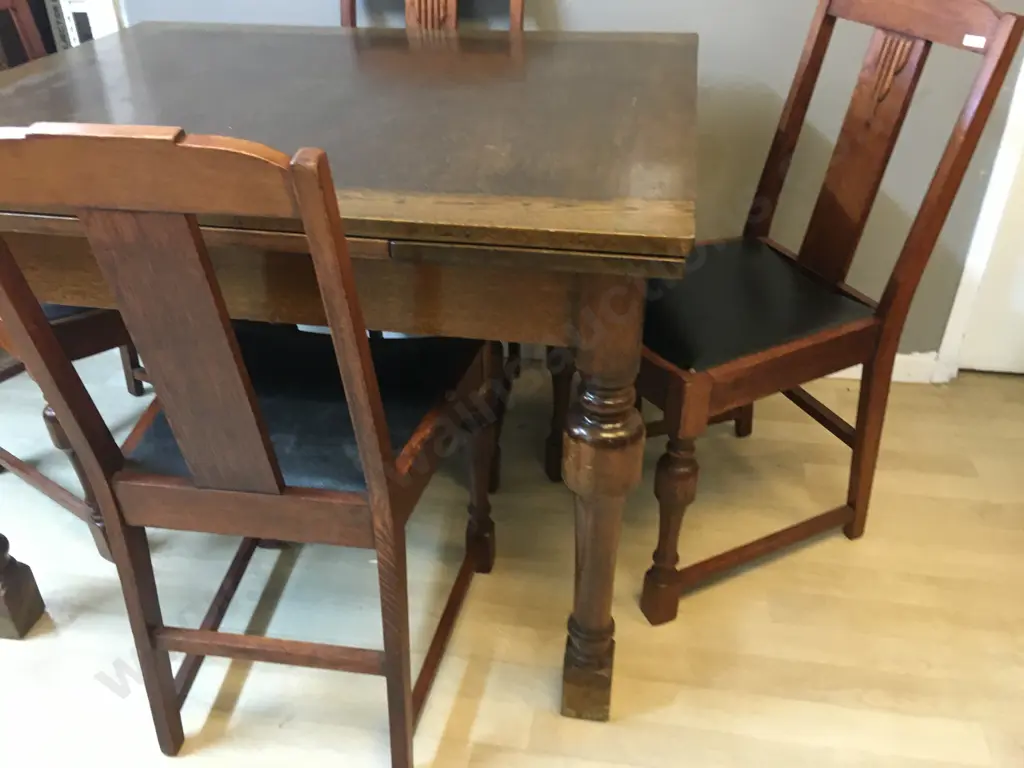 Oak Art Deco Drawleaf Extension Table (H76 D91 W107 - 165 cm) With Four Arts & Craft Oak & Black Leather Side Chairs Image 1++