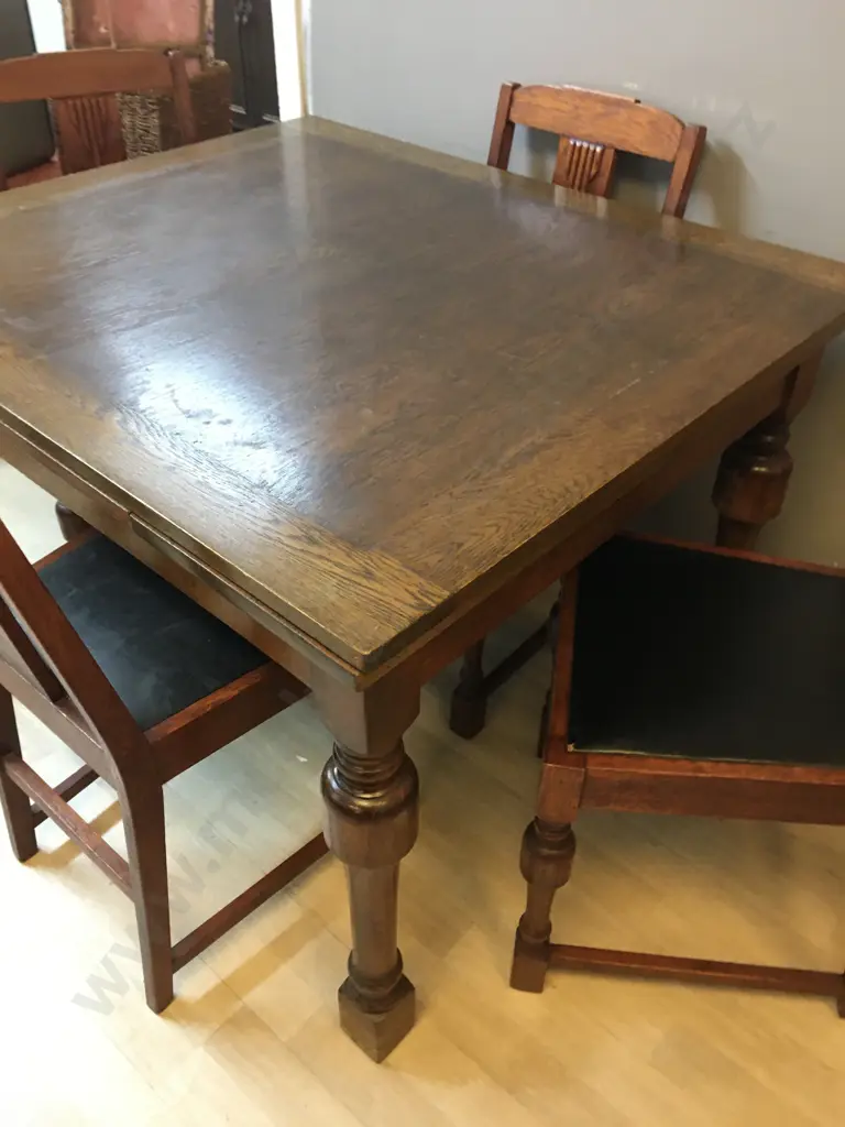 Oak Art Deco Drawleaf Extension Table (H76 D91 W107 - 165 cm) With Four Arts & Craft Oak & Black Leather Side Chairs Image 1++