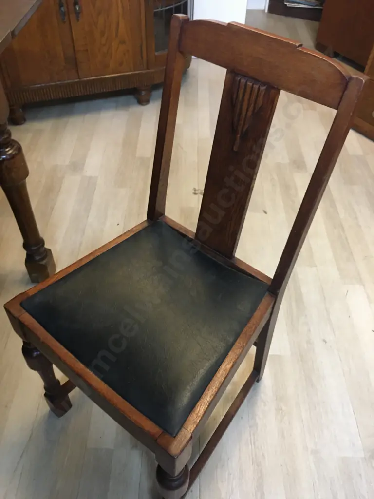 Oak Art Deco Drawleaf Extension Table (H76 D91 W107 - 165 cm) With Four Arts & Craft Oak & Black Leather Side Chairs Image 1++