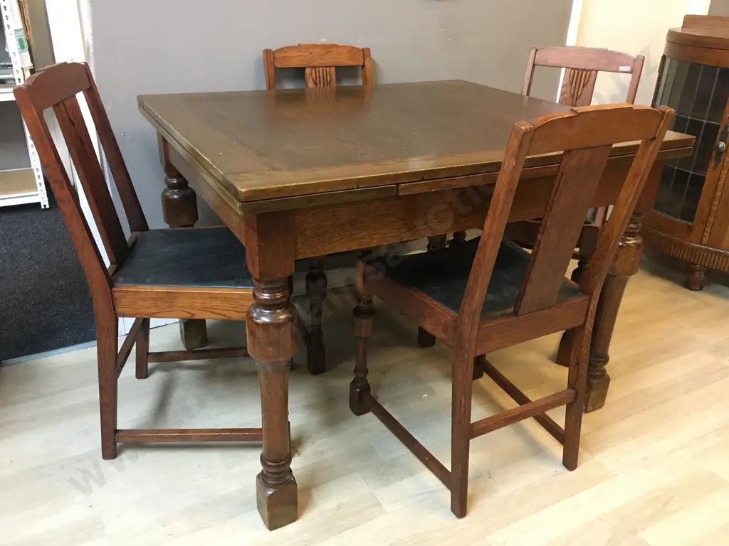 Oak Art Deco Drawleaf Extension Table (H76 D91 W107 - 165 cm) With Four Arts & Craft Oak & Black Leather Side Chairs Image 1++