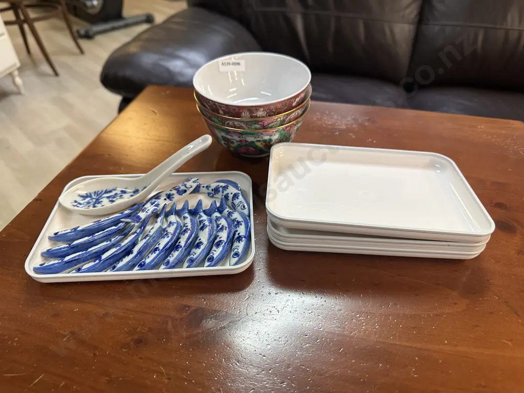 Vintage Antique Jingdezhen Porcelain Bowl, Fish Chopstick Rests, Pair of Chinese Rose Porcelain Bowls Sold with 16 Image 1++