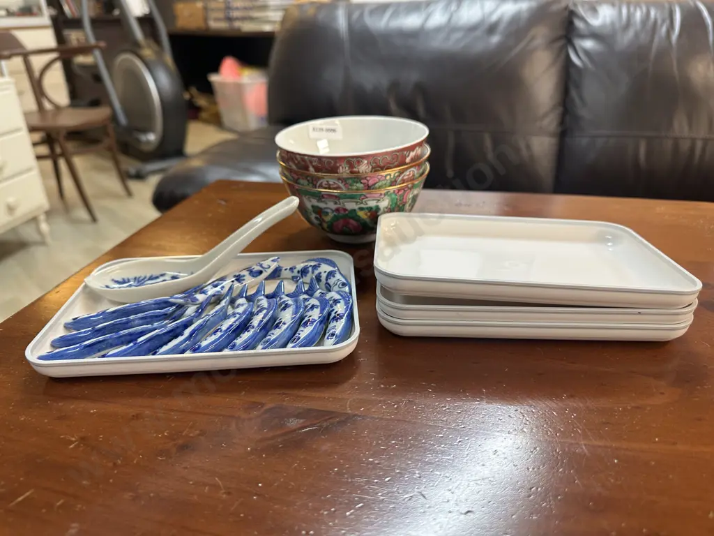 Vintage Antique Jingdezhen Porcelain Bowl, Fish Chopstick Rests, Pair of Chinese Rose Porcelain Bowls Sold with 16 Image 1++