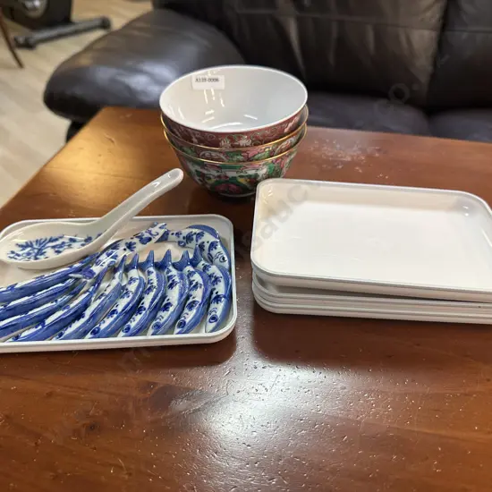 Vintage Antique Jingdezhen Porcelain Bowl, Fish Chopstick Rests, Pair of Chinese Rose Porcelain Bowls Sold with 16
