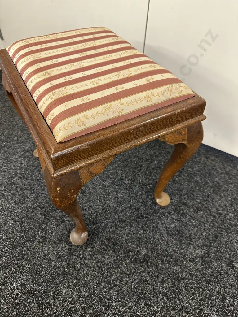 Vintage Oak Bedroom Stool Burgundy & Cream Stripe Upholstered, Cabriole Legs Image 1++