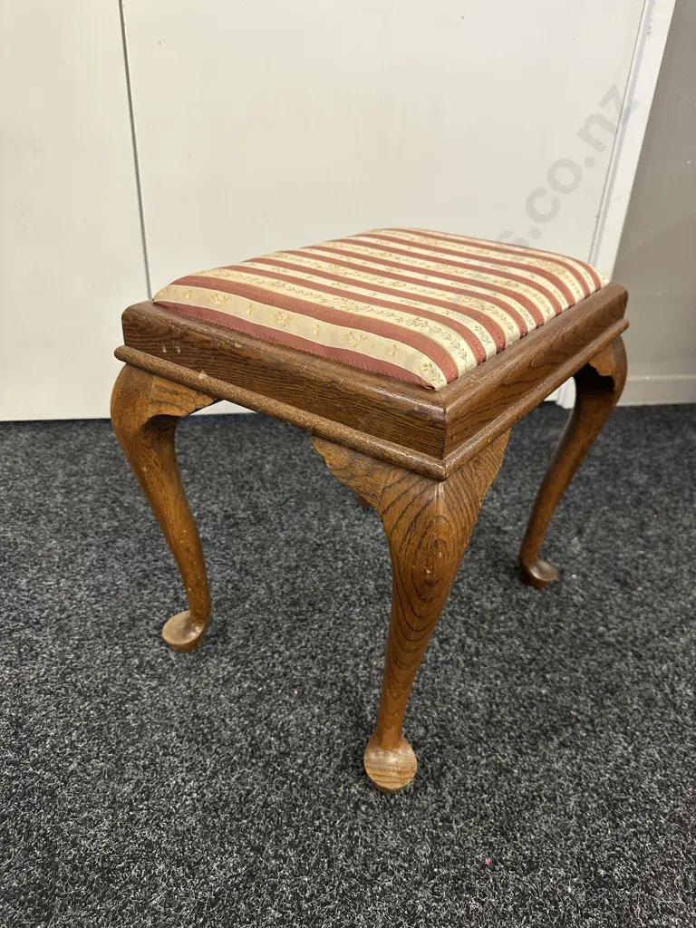 Vintage Oak Bedroom Stool Burgundy & Cream Stripe Upholstered, Cabriole Legs Image 1++