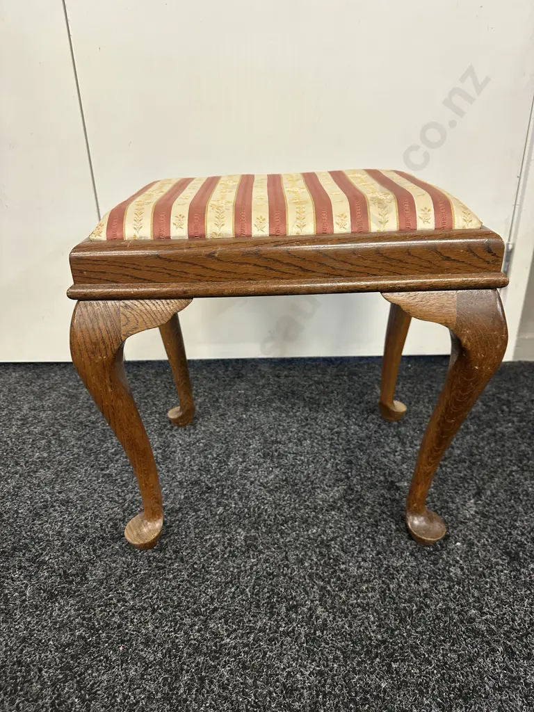 Vintage Oak Bedroom Stool Burgundy & Cream Stripe Upholstered, Cabriole Legs Image 1++
